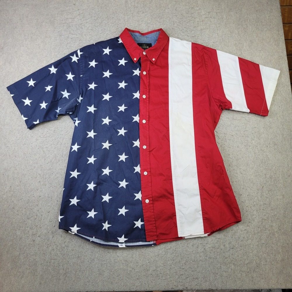 RedHead American Flag Shirt Men's XL Patriotic Short Sleeve Button Down 4th July